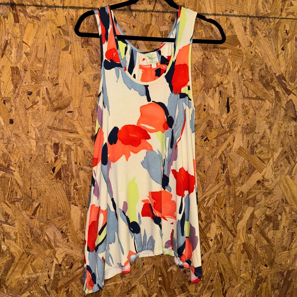 Colorful Floral Print Tunic Tank Top Spring Summer Flowy Artsy Boho Chic M